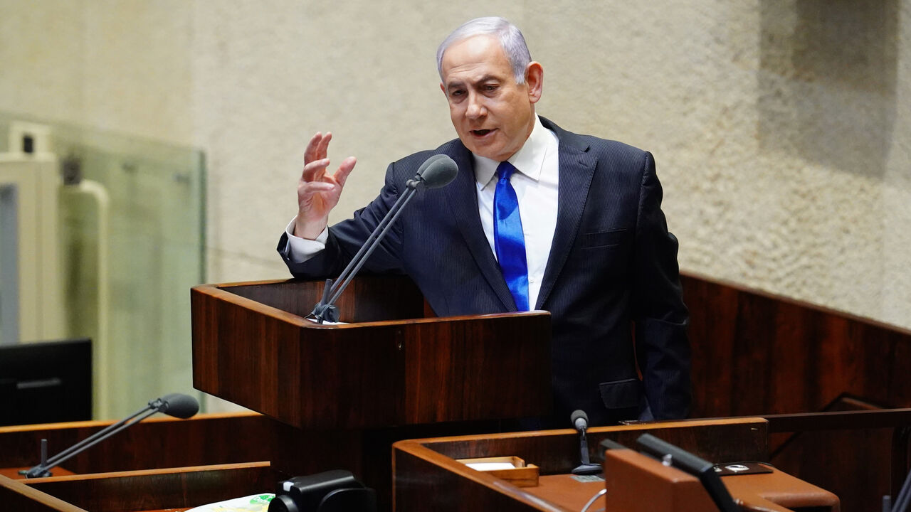 Israeli Prime Minister Benjamin Netanyahu speaks during a swearing in ceremony of his new unity government with election rival Benny Gantz, at the Knesset, Israel's parliament, in Jerusalem May 17, 2020. Adina Valman/Knesset Spokesperson's Office/Handout via REUTERS THIS IMAGE HAS BEEN SUPPLIED BY A THIRD PARTY. MANDATORY CREDIT - RC2DQG9LVAEP