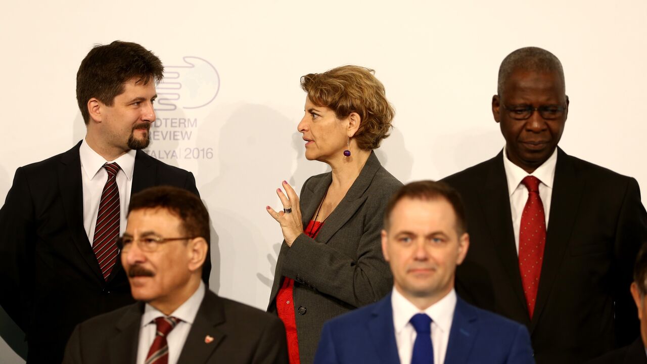 534629618 ANTALYA, TURKEY - MAY 27: Israel's chargé d'affaires in Turkey, Amira Oron (C) poses for family photo during the Midterm Review of the Istanbul Programme of Action in Antalya, Turkey on May 27, 2016. The Midterm Review conference for the Istanbul Programme of Action for the Least Developed Countries takes place at Titanic Hotel in Antalya, Turkey from 27-29 May 2016. The conference will undertake a comprehensive review of the implementation of the Istanbul Programme of Action by the least developed countri