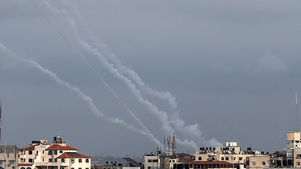 1202993889 This picture taken on February 24, 2020, shows smoke trails from rockets fired by Palestinian militants in Gaza City. - Islamic Jihad militants claimed responsibility for another round of rockets fired towards Israel on February 24 following a new flare-up between the group and the Jewish state. Israel's army said six "projectiles" had been fired from Gaza, but that its air defence systems had "intercepted five of the launches." (Photo by MAHMUD HAMS / AFP) (Photo by MAHMUD HAMS/AFP via Getty Images)
