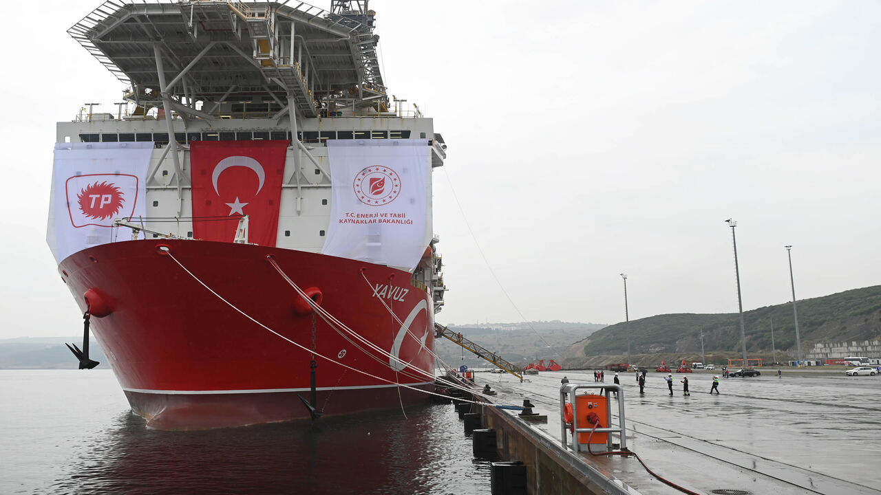 1150938572 A picture taken at the port of Dilovasi, outside Istanbul, on June 20, 2019 shows the drilling ship 'Yavuz' scheduled to search for oil and gas off Cyprus. - Turkey is set to send a new ship on June 20 to search for oil and gas off Cyprus, in a move expected to escalate tensions after the EU called on Ankara to stop its "illegal drilling activities". The region near the divided island is believed have rich natural gas deposits, triggering a race between Turkey and the internationally recognised Cyprus, whic
