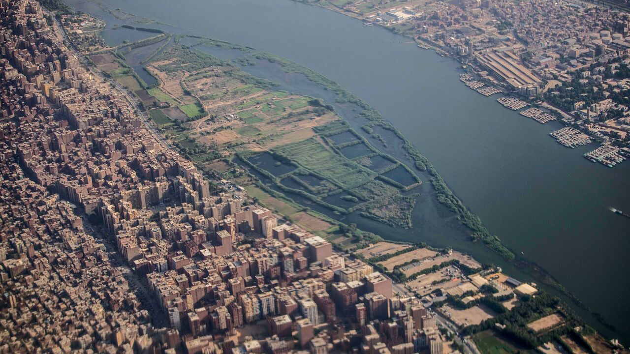 1221396039 An aerial view shows the River Nile before sunset in the Helwan suburb south of the Egyptian capital Cairo on June 20, 2020. (Photo by Khaled DESOUKI / AFP) (Photo by KHALED DESOUKI/AFP via Getty Images)