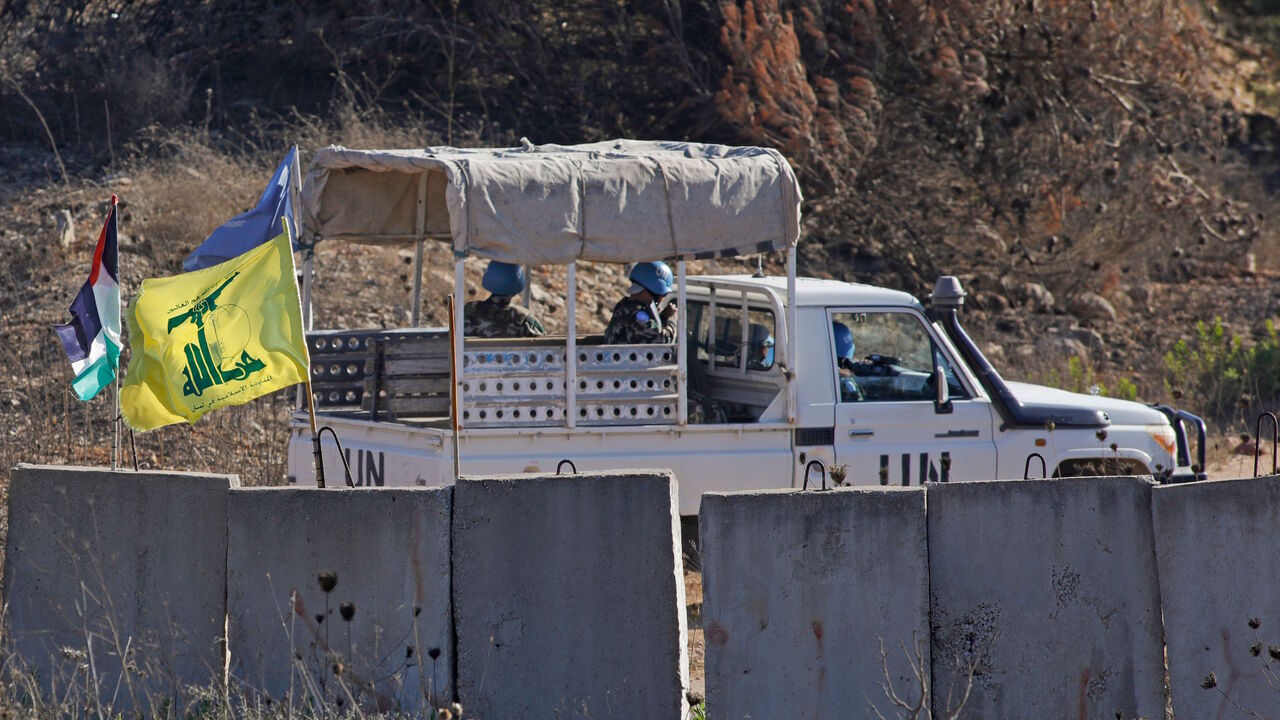 1228212992 A picture taken from the northern Israeli kibbutz of Manara on August 26, 2020 shows United Nations peacekeeping force (UNIFIL) patrolling along the border with Israel in the southern Lebanese village of Houla. - Israel said it had launched air strikes against Hezbollah observation posts in Lebanon after shots were fired from across the border towards its troops the previous evening. (Photo by JALAA MAREY / AFP) (Photo by JALAA MAREY/AFP via Getty Images)