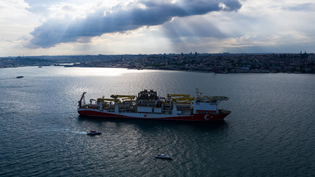 1232669724 ISTANBUL, TURKEY - MAY 29: In this aerial photo taken with a drone, Turkish drilling vessel 'Fatih' sails up the Bosphorus towards the Black Sea on May 29, 2020 in Istanbul, Turkey. (Photo by Burak Kara/Getty Images)