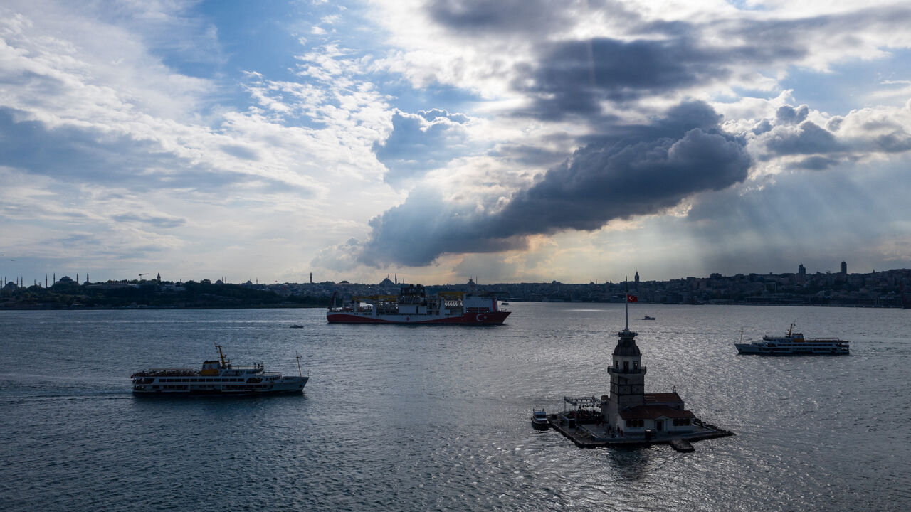 1232670706 ISTANBUL, TURKEY - MAY 29: In this aerial photo taken with a drone, Turkish drilling vessel 'Fatih' sails up the Bosphorus towards the Black Sea on May 29, 2020 in Istanbul, Turkey. (Photo by Burak Kara/Getty Images)