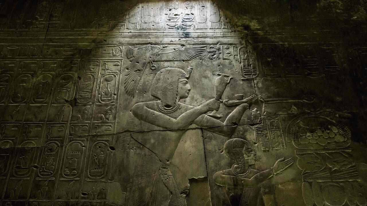 1135178354 This picture taken on April 5, 2019 shows a view of hieroglyphic inscriptions and relief on a wall of the the New Kingdom period (16th-11th centuries BC) Temple of Seti I, at the archaeological site of Abydos near Egypt's southern city of Sohag, about 540 kilometres from the capital Cairo. (Photo by Khaled DESOUKI / AFP) (Photo credit should read KHALED DESOUKI/AFP via Getty Images)