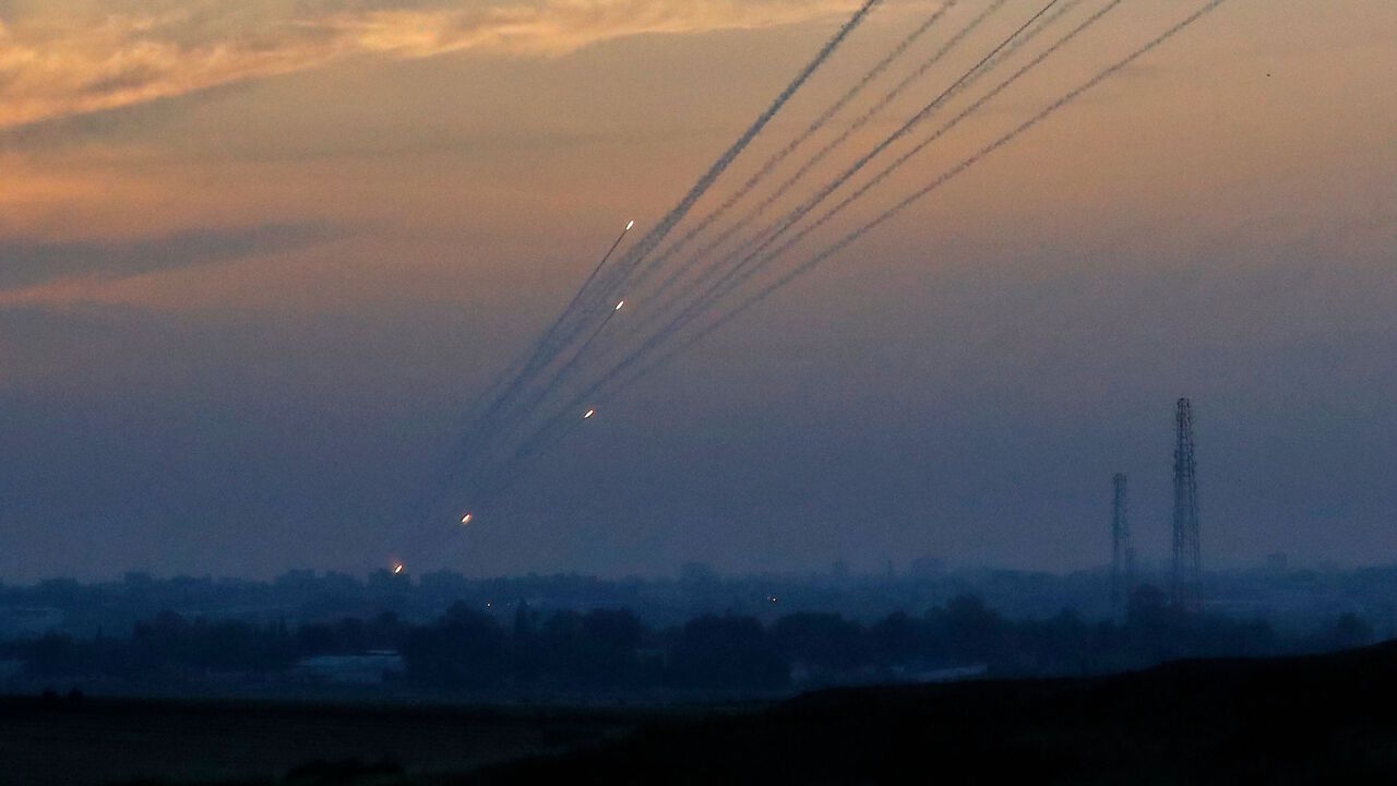 1141510180 A picture taken on May 5, 2019 from the Israel-Gaza border shows a barrage of rockets being fired from the Hamas-run Palestinian enclave. - Gaza militants fired fresh rocket barrages at Israel early today in a deadly escalation that has seen Israel respond with waves of strikes as a fragile truce again faltered and a further escalation was feared. (Photo by Jack GUEZ / AFP) (Photo credit should read JACK GUEZ/AFP via Getty Images)