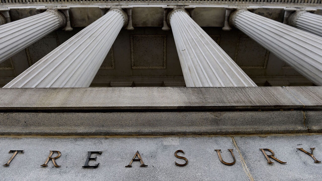 1208436880 An exterior view of the building of US Department of the Treasury is seen on March 27, 2020 in Washington, DC. (Photo by Olivier DOULIERY / AFP) (Photo by OLIVIER DOULIERY/AFP via Getty Images)