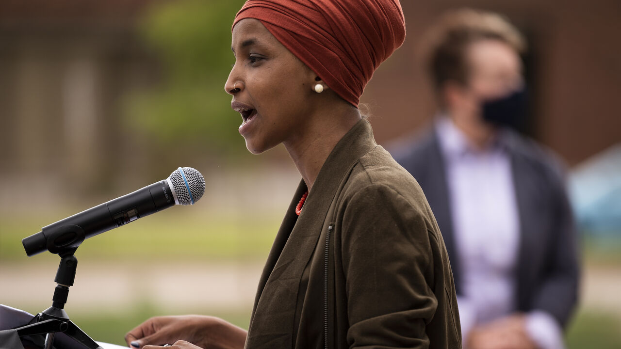 1227927380 ST PAUL, MN - AUGUST 05: Rep. Ilhan Omar (D-MN) speaks during a press conference outside the DFL Headquarters on August 5, 2020 in St Paul, Minnesota. Omar is hoping to retain her seat as the representative for Minnesota's 5th Congressional District in next week's primary election. (Photo by Stephen Maturen/Getty Images)