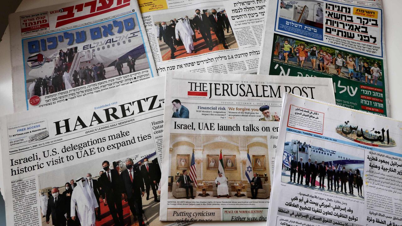 1228294497 This picture taken on September 1, 2020 in Jerusalem shows the front pages of Israeli and Palestinian newspapers with images of the US-Israeli delegation arriving to Abu Dhabi on the first commercial flight from Tel Aviv to mark the normalisation of ties between the Jewish state and the UAE. (Photo by MENAHEM KAHANA / AFP) (Photo by MENAHEM KAHANA/AFP via Getty Images)