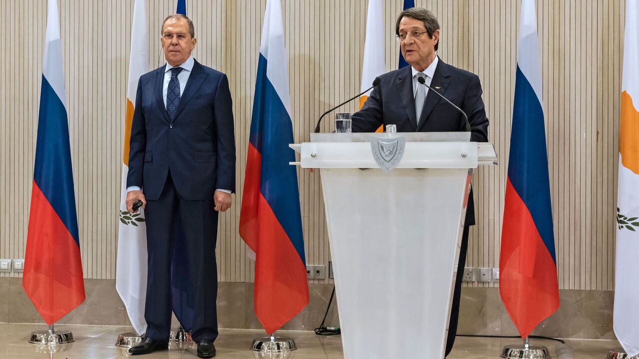 1228397262 Cypriot President Nicos Anastasiades speaks during a joint press conference with Russian Foreign Minister Sergei Lavrov (L) at the presidential palace in the capital Nicosia, on September 8, 2020. (Photo by Iakovos HATZISTAVROU / AFP) (Photo by IAKOVOS HATZISTAVROU/AFP via Getty Images)