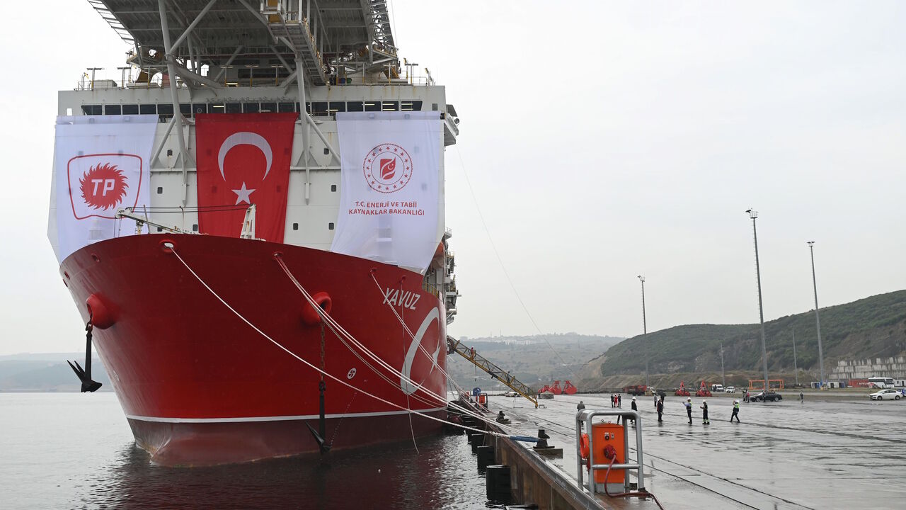 1150938572 A picture taken at the port of Dilovasi, outside Istanbul, on June 20, 2019 shows the drilling ship 'Yavuz' scheduled to search for oil and gas off Cyprus. - Turkey is set to send a new ship on June 20 to search for oil and gas off Cyprus, in a move expected to escalate tensions after the EU called on Ankara to stop its "illegal drilling activities". The region near the divided island is believed have rich natural gas deposits, triggering a race between Turkey and the internationally recognised Cyprus, whic