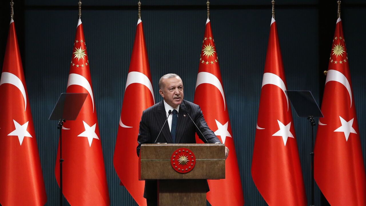 1228185648 Turkish President Recep Tayyip Erdogan holds a press conference following the weekly cabinet meeting at the Presidential Complex in Ankara on August 24, 2020. (Photo by Adem ALTAN / AFP) (Photo by ADEM ALTAN/AFP via Getty Images)