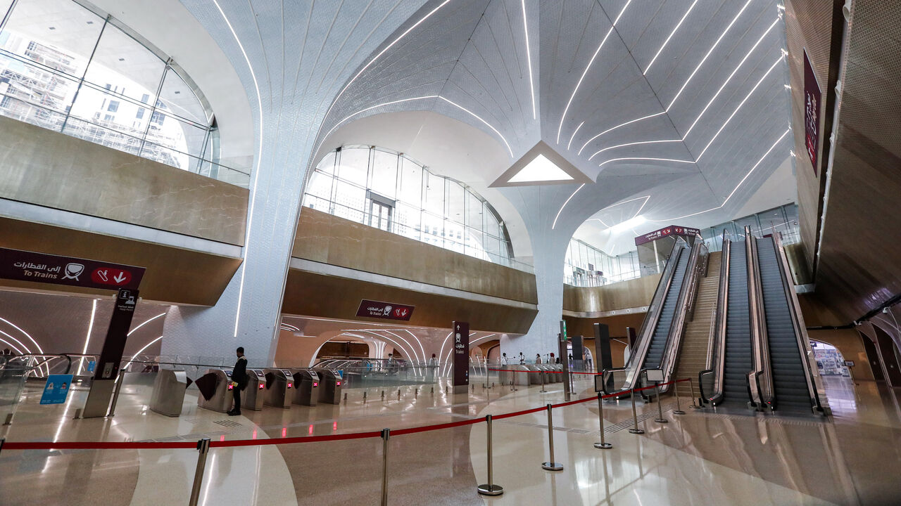 1228299531 This picture taken on September 1, 2020 shows a view of the interior of a station of the Doha Metro in Qatar's capital, as the Gulf country resumes bus and rail services for the first time since March with reduced capacity due to the COVID-19 coronavirus pandemic. (Photo by KARIM JAAFAR / AFP) (Photo by KARIM JAAFAR/AFP via Getty Images)