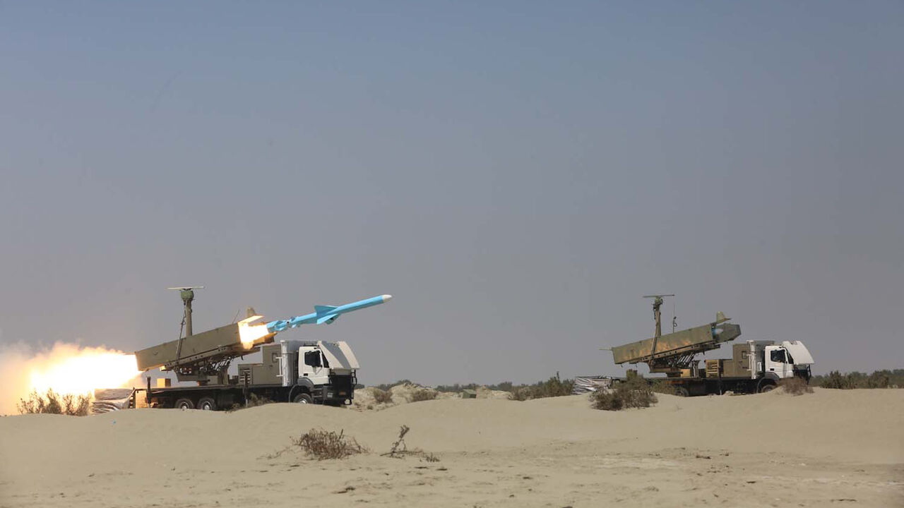 1228451135 A handout picture provided by the Iranian Army's official website on September 11, 2020, shows an Iranian Ghader missile being fired during the second day of a military exercise in the Gulf, near the strategic strait of Hormuz in southern Iran. - The Iranian navy began on September 10 a three-day exercise in the Sea of Oman near the strategic Strait of Hormuz, deploying an array of warships, drones and missiles. One of the exercise's objectives is to devise "tactical offensive and defensive strategies for s