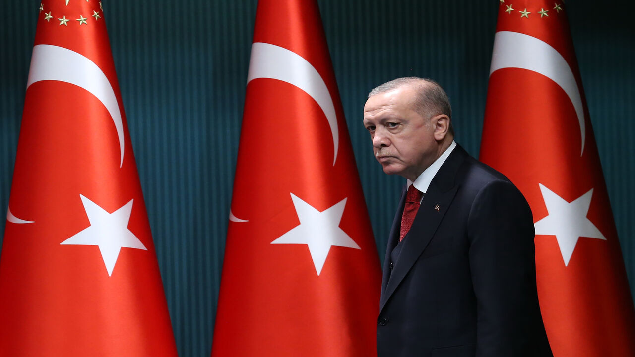 1228640936 President of Turkey, Recep Tayyip Erdogan arrives to give a press conference after the cabinet meeting at the Presidential Complex in Ankara, Turkey, on September 21, 2020. (Photo by Adem ALTAN / AFP) (Photo by ADEM ALTAN/AFP via Getty Images)