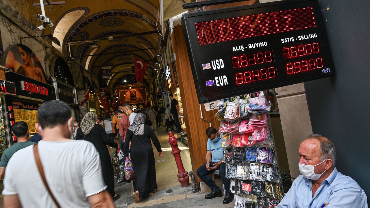1228683866 People walk past a screen showing rates at a currency exchange agency near Grand bazaar, in Istanbul, on September 24, 2020. - Turkey's central bank on September 24, 2020 raised its main interest for the first time since September 2018, boosting the rate by two percentage points to help the lira recover from historic lows. (Photo by Ozan KOSE / AFP) (Photo by OZAN KOSE/AFP via Getty Images)