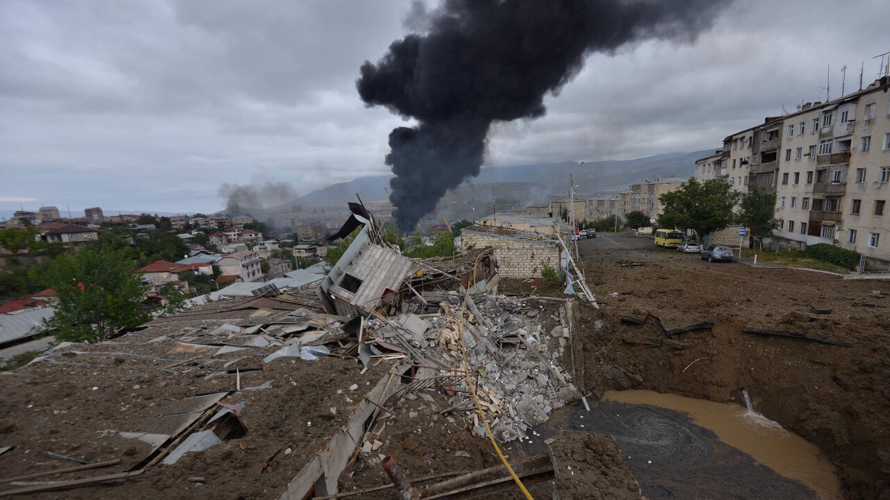 1228890244 TOPSHOT - A view shows aftermath of recent shelling during the ongoing fighting between Armenia and Azerbaijan over the breakaway Nagorno-Karabakh region, in the disputed region's main city of Stepanakert on October 4, 2020. (Photo by Karo Sahakyan / Armenian Government / AFP) (Photo by KARO SAHAKYAN/Armenian Government/AFP via Getty Images)