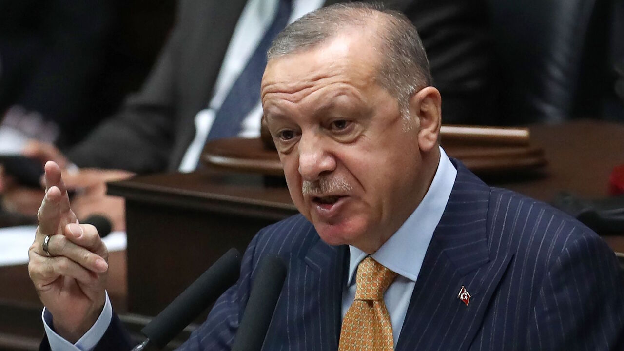 1229322225 Turkish President and leader of the Justice and Development Party (AK Party) Recep Tayyip Erdogan addresses his party's group meeting at the Turkish Grand National Assembly in Ankara, on October 28, 2020. (Photo by Adem ALTAN / AFP) (Photo by ADEM ALTAN/AFP via Getty Images)