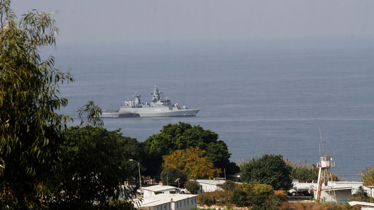 1229322748 An Israeli navy corvette is pictured from the southern Lebanese border town of Naqura as it patrols the waters on October 28, 2020 during talks between Lebanese and Israeli delegations on the demarcation of the maritime frontier between the two countries. - Lebanon and Israel, still technically at war and with no diplomatic ties, launched a second round of maritime border talks Wednesday under UN and US auspices to allow for offshore energy exploration. (Photo by Mahmoud ZAYYAT / AFP) (Photo by MAHMOUD ZAYY