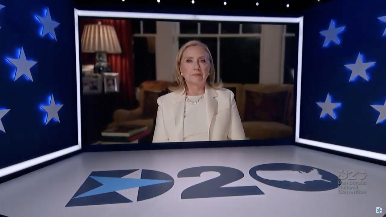 1267239901 MILWAUKEE, WI - AUGUST 19: In this screenshot from the DNCC’s livestream of the 2020 Democratic National Convention, former first lady and Secretary of State Hillary Clinton addresses the virtual convention on August 19, 2020. The convention, which was once expected to draw 50,000 people to Milwaukee, Wisconsin, is now taking place virtually due to the coronavirus pandemic. (Photo by DNCC via Getty Images)