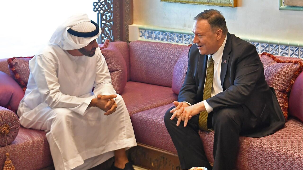 1169403637 US Secretary of State Mike Pompeo (C) and US special representative on Iran Brian Hook (R) take in a meeting with Abu Dhabi Crown Prince Mohamed bin Zayed al-Nahyan in Abu Dhabi, United Arab Emirates, on September 19, 2019. (Photo by MANDEL NGAN / POOL / AFP) (Photo credit should read MANDEL NGAN/AFP via Getty Images)