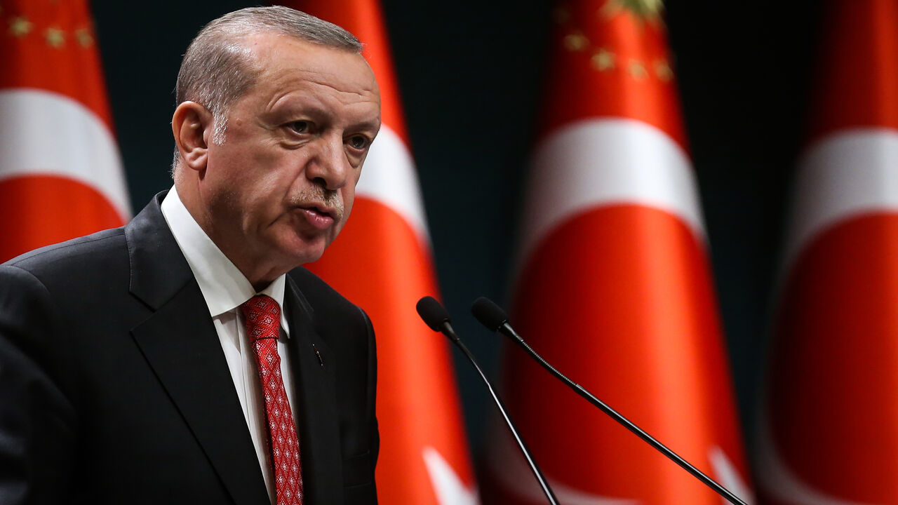1219008411 Turkish President Recep Tayyip Erdogan delivers a speech following a cabinet meeting, in Ankara, on June 9, 2020. (Photo by Adem ALTAN / AFP) (Photo by ADEM ALTAN/AFP via Getty Images)