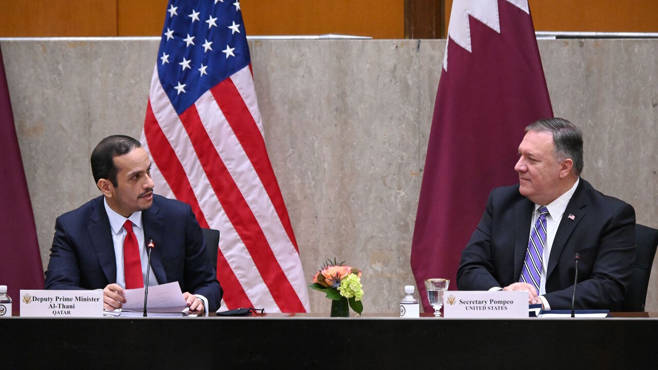 1228511775 US Secretary of State Mike Pompeo(R) welcomes Qatars Deputy Prime Minister Mohammed bin Abdulrahman Al Thani to launch the third annual US-Qatar Strategic Dialogue at the State Department in Washington, DC on September 14, 2020. (Photo by ERIN SCOTT / POOL / AFP) (Photo by ERIN SCOTT/POOL/AFP via Getty Images)
