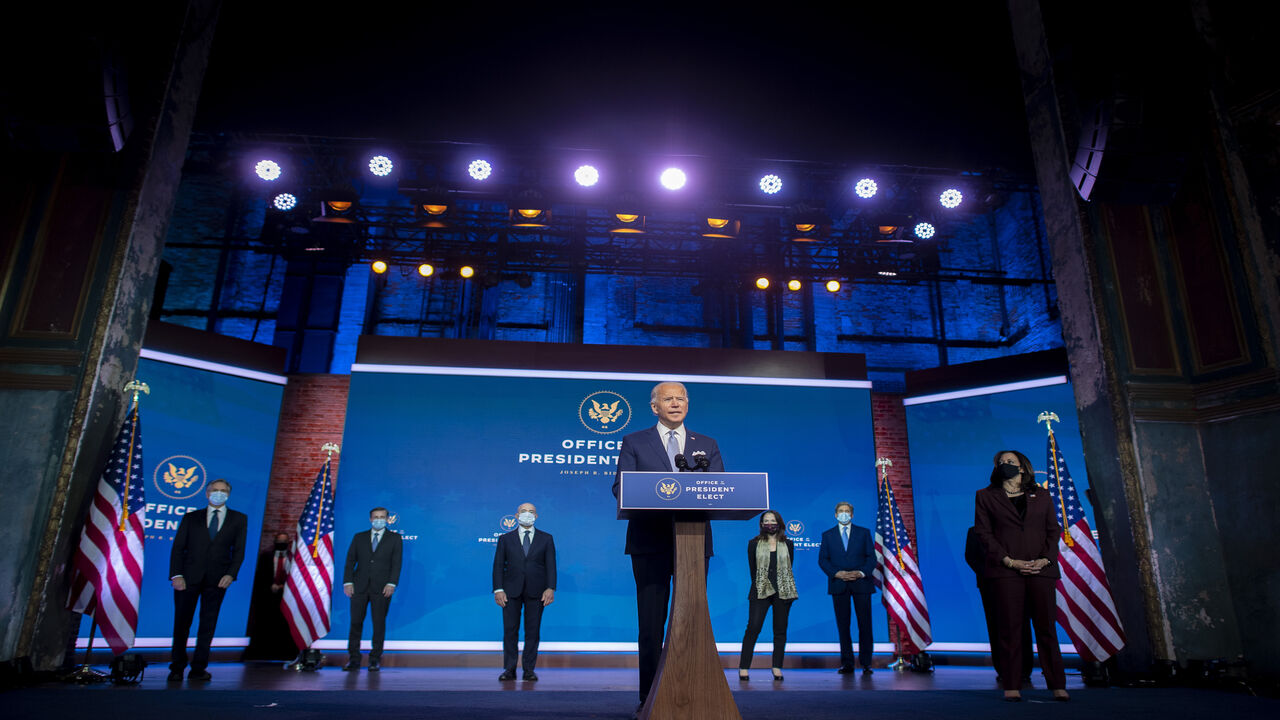 1229777025 WILMINGTON, DE - NOVEMBER 24: President-elect Joe Biden (C) introduces key foreign policy and national security nominees and appointments at the Queen Theatre on November 24, 2020 in Wilmington, Delaware. As President-elect Biden waits to be approved for official national security briefings, the names of top members of his national security team are being announced to the public. Calls continue for President Trump to concede the election and let the transition proceed without further delay. (Photo by Mark