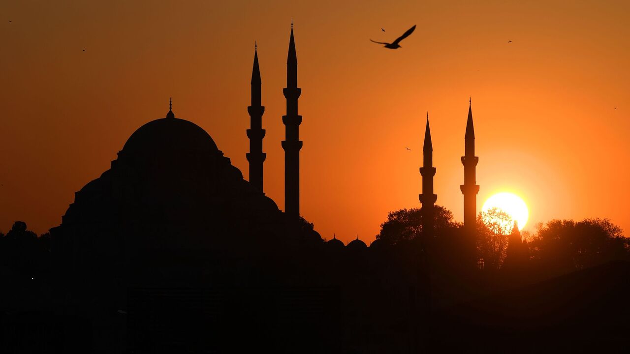 1229816340 A Seagull flies over the Suleymaniye mosque silhouetted during a sunset in Istanbul, Turkey on November 27, 2020. (Photo by Ozan KOSE / AFP) (Photo by OZAN KOSE/AFP via Getty Images)