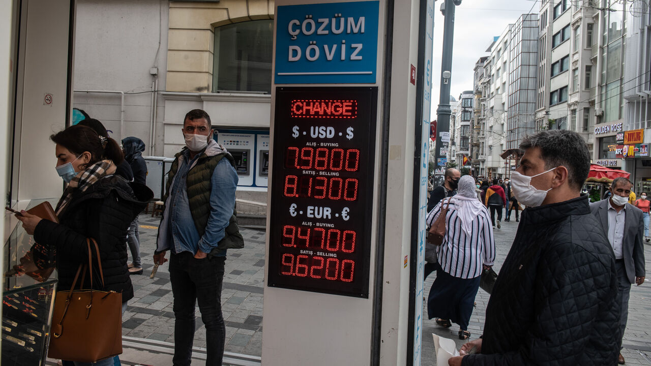 1284724173 ISTANBUL, TURKEY - NOVEMBER 09: People wait to exchange money at a currency exchange shop on November 09, 2020 in Istanbul, Turkey. Finance Minister Berat Albayrak, the son-in-law of President Erdogan who has been in the role for five years, resigned Sunday citing health reasons. The country's currency has plunged 30 percent this year. After the resignation of Berat Albayrak, Turkish lira gained 3% against $ following the resignation. (Photo by Burak Kara/Getty Images)