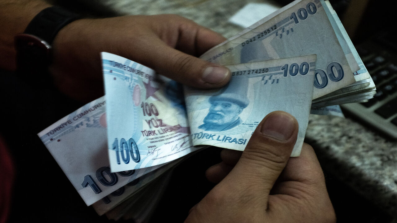 1262334668 ISTANBUL, TURKEY - JULY 29: Detail as a man counts Turkish Lira at a currency exchange office on July 29, 2020 in Istanbul, Turkey. The Turkish Lira remains under pressure after briefly trading at a record low against the euro of 8.17 on Tuesday amid investor concerns around Turkey's foreign denomination debt and potential EU sanctions. (Photo by Chris McGrath/Getty Images)