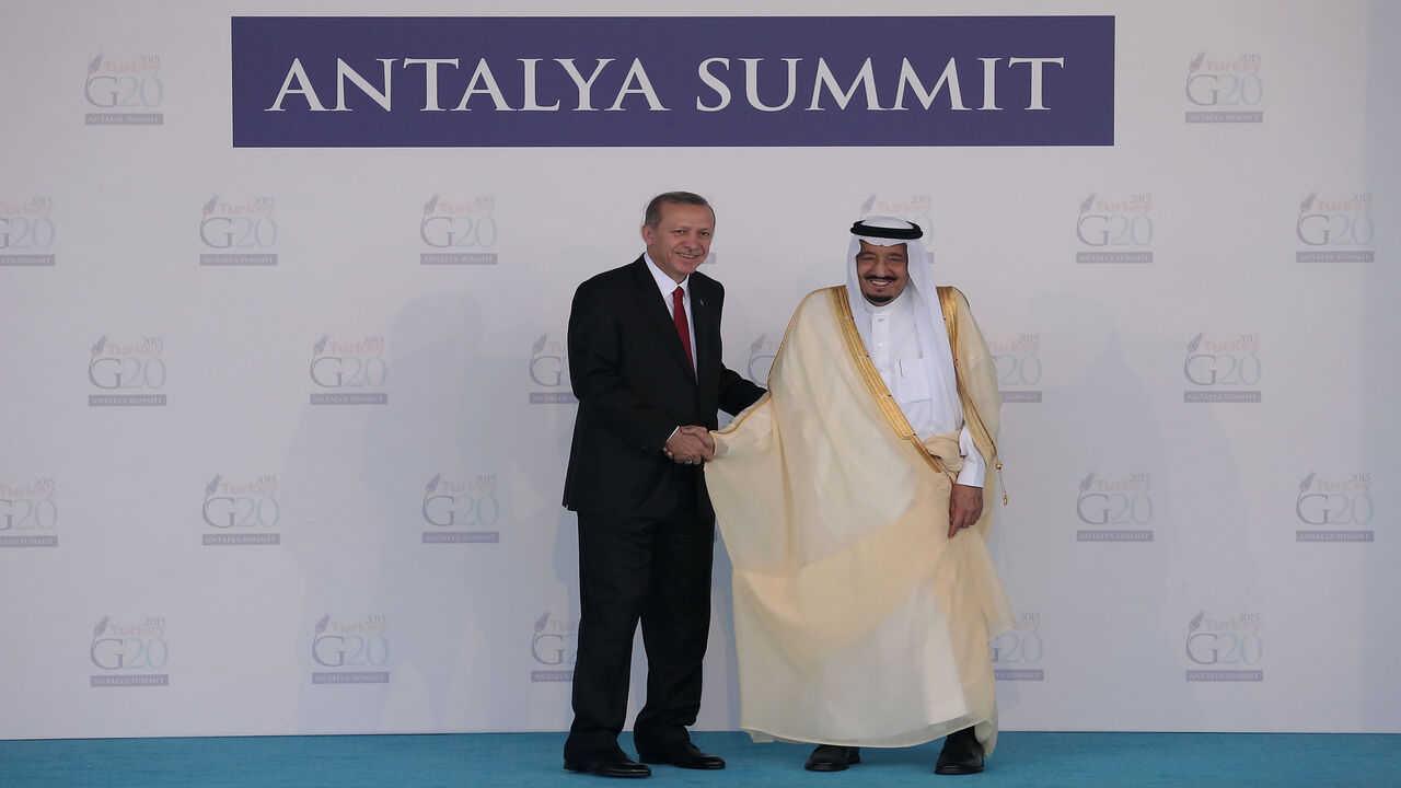 497290944 ANTALYA, TURKEY - NOVEMBER 15: Turkish President Recep Tayyip Erdogan (L) greets Saudi Arabia's King Salman bin Abdulaziz during the official welcome ceremony on day one of the G20 Turkey Leaders Summit on November 15, 2015 in Antalya, Turkey. World leaders will use the summit to discuss issues including, climate change, the global economy, the refugee crisis and terrorism. The two day summit takes place in the wake of the massive terrorist attack in Paris which killed more than 120 people. (Photo by Chri