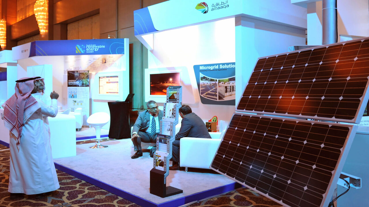 669321816 Exhibitors and visitors attend the Saudi Arabia Renewable Energy Investment Forum (SAREIF) on April 17, 2017, in Riyadh. / AFP PHOTO / FAYEZ NURELDINE (Photo credit should read FAYEZ NURELDINE/AFP via Getty Images)