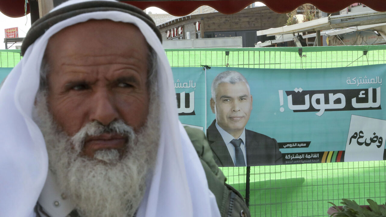 1204493359 An elderly man from the Negev looks on after registering to vote at the village of Shaqib al-Salam, near the southern Israeli city of Beersheva, on March 1, 2020, on the eve of general elections. The campaign banner in the background is for bedouin member of the parliament (Knesset) Said Al-Khroumi, candidate for the Arab Joint List. (Photo by HAZEM BADER / AFP) (Photo by HAZEM BADER/AFP via Getty Images)