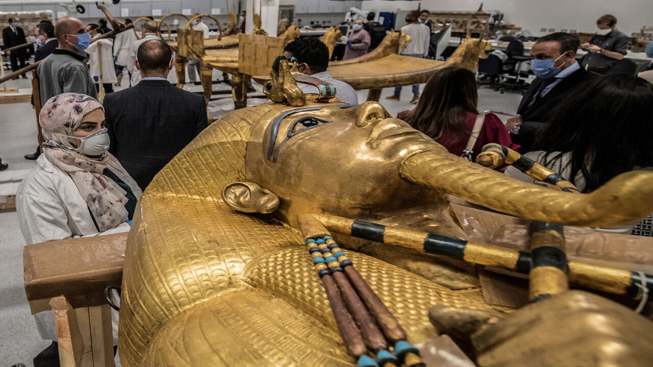 1209796473 This picture taken on April 13, 2020 shows a view of the golden sarcophagus of the ancient Egyptian Pharaoh Tutankhamun (reigned between 1342-1325 BC) as it lies for restoration at the restoration lab of the newly-built Grand Egyptian Museum (GEM) in Giza on the southwestern outskirts of the capital Cairo. (Photo by Khaled DESOUKI / AFP) (Photo by KHALED DESOUKI/AFP via Getty Images)