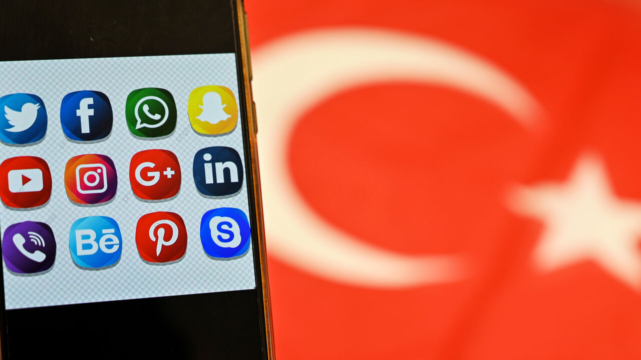 1228815222 In this picture taken on September 30, 2020 shows logos of social networking websites displayed on a mobile phone's screen in Istanbul. - Turkey on Thursday starts life under a new social media law that threatens to erase the local presence of Facebook and Twitter should they fail to take down contentious posts.The new legislation was pushed through by President Recep Tayyip Erdogan's ruling AKP party and follows the government's crackdown on opposition newspapers and television channels. (Photo by Ozan KOS