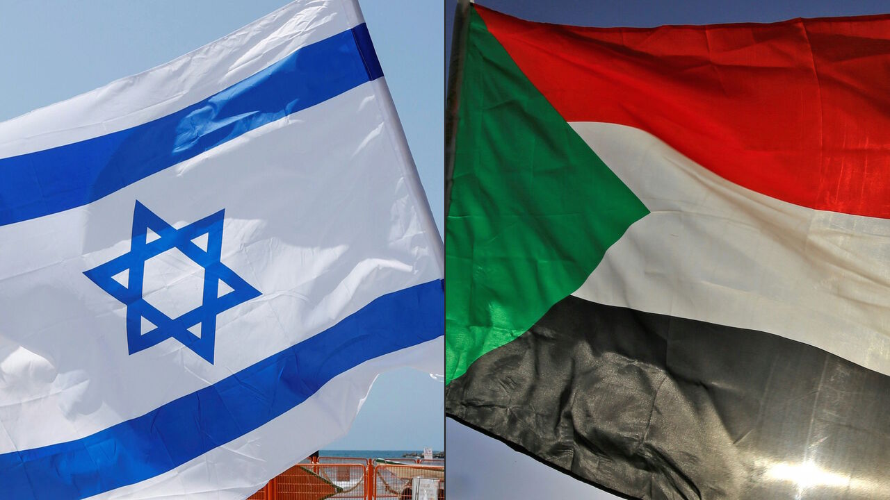 1229247749 (COMBO) This combination of pictures created on October 23, 2020 shows (L to R) an Israeli flag during a rally in the coastal city of Tel Aviv on September 19, 2020; and a Sudanese flag during a gathering east of the capital Khartoum on June 3, 2020. - Sudan and Israel agreed on Otober 23 to normalise relations, in a US-brokered deal to end decades of hostility that was widely welcomed but stirred Palestinian anger. The announcement makes Sudan, technically at war with Israel since its 1948 foundation, the