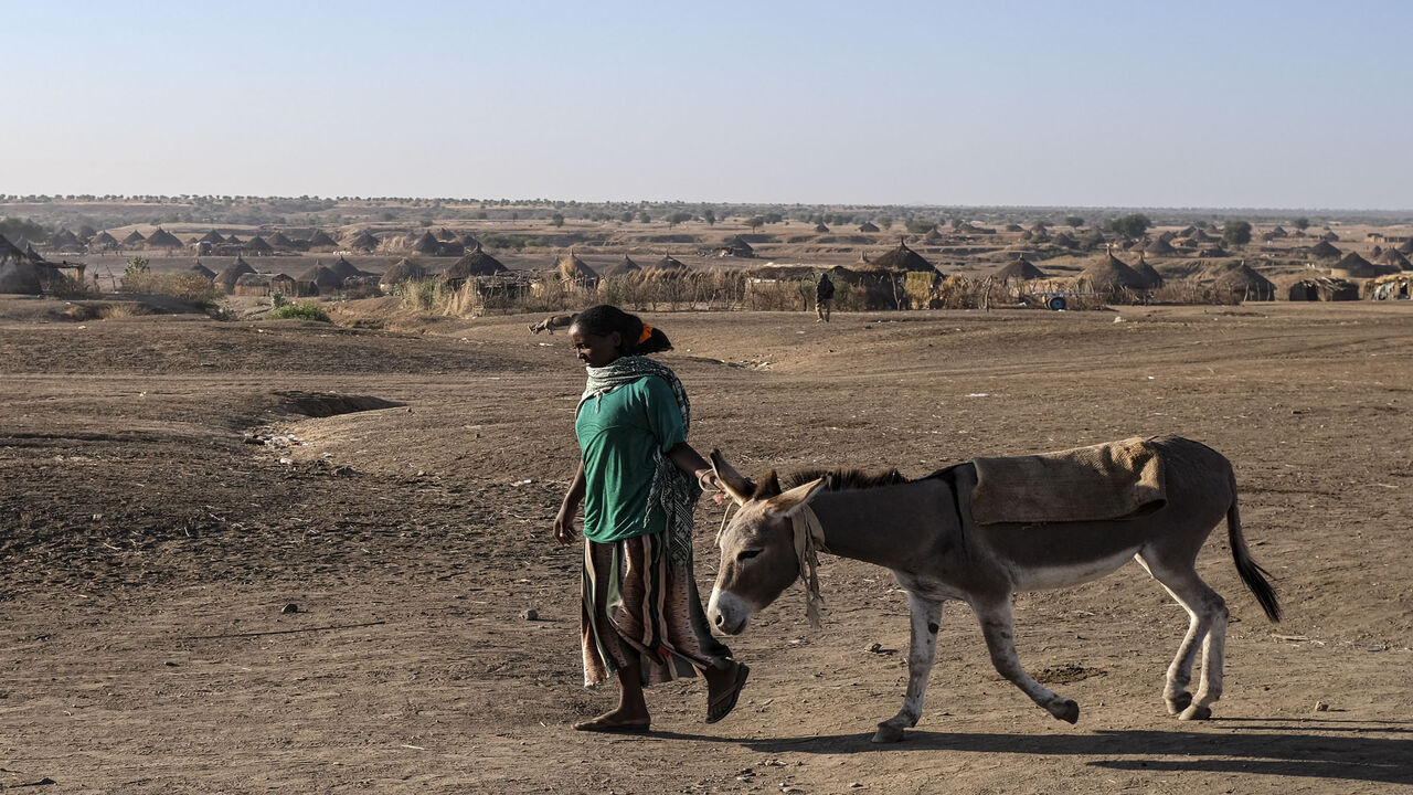 1229985288 HAMDAYET, SUDAN - DECEMBER 6: A woman walks with a donkey as refugees from the Tigray region of Ethiopia wait to be transferred to a camp with more infrastructure at a UNHCR reception area in the east Sudanese border village of Hamdayet on December 6, 2020 in Hamdayet, Sudan. Last week, the Ethiopian government declared victory in its nearly month-long battle with the Tigray People's Liberation Front (TPLF), which sent 45,000 people fleeing to Sudan and displaced thousands more within the Tigray Region. In