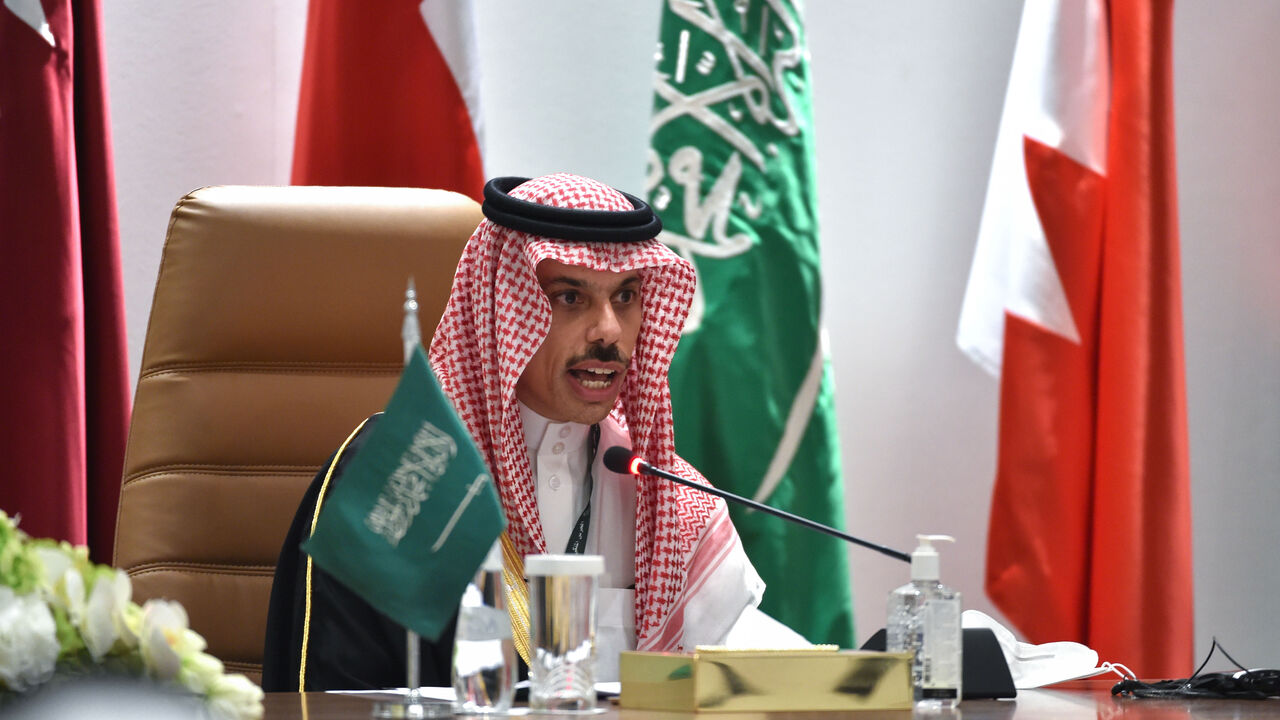 SAUDI-GULF-DIPLOMACY-SUMMIT Saudi Foreign Minister Faisal bin Farhan al-Saud holds a press conferece at the end of the 41st Gulf Cooperation Council (GCC) summit, in the city of al-Ula in northwestern Saudi Arabia on January 5, 2021. - Gulf leaders signed a "solidarity and stability" deal after the leaders of Saudi Arabia and Qatar publicly embraced, bringing Doha back into the regional fold after a three-year rift. (Photo by FAYEZ NURELDINE / AFP) (Photo by FAYEZ NURELDINE/AFP via Getty Images)