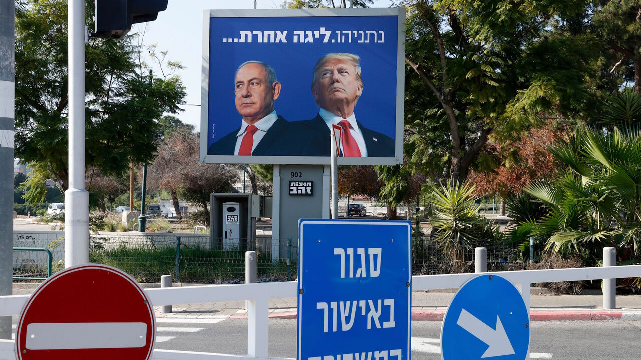1230516369 A billboard depicting Israel's Prime Minister Benjamin Netanyahu (L) and US President Donald Trump side by side with a slogan in Hebrew which reads "Netanyahu, a different league", in the Israeli coastal city of Tel Aviv, on January 10, 2021. (Photo by JACK GUEZ / AFP) (Photo by JACK GUEZ/AFP via Getty Images)
