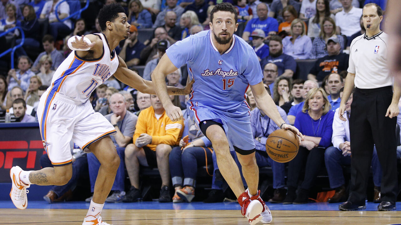 463093934 OKLAHOMA CITY, OK - FEBRUARY 8: Hedo Turkoglu #15 of the Los Angeles Clippers handles the ball against Jeremy Lamb #11 of the Oklahoma City Thunder during the game at Chesapeake Energy Arena on February 8, 2015 in Oklahoma City, Oklahoma. The Thunder defeated the Clippers 131-108. NOTE TO USER: User expressly acknowledges and agrees that, by downloading and/or using this Photograph, user is consenting to the terms and conditions of the Getty Images License Agreement. (Photo by Joe Robbins/Getty Images)
