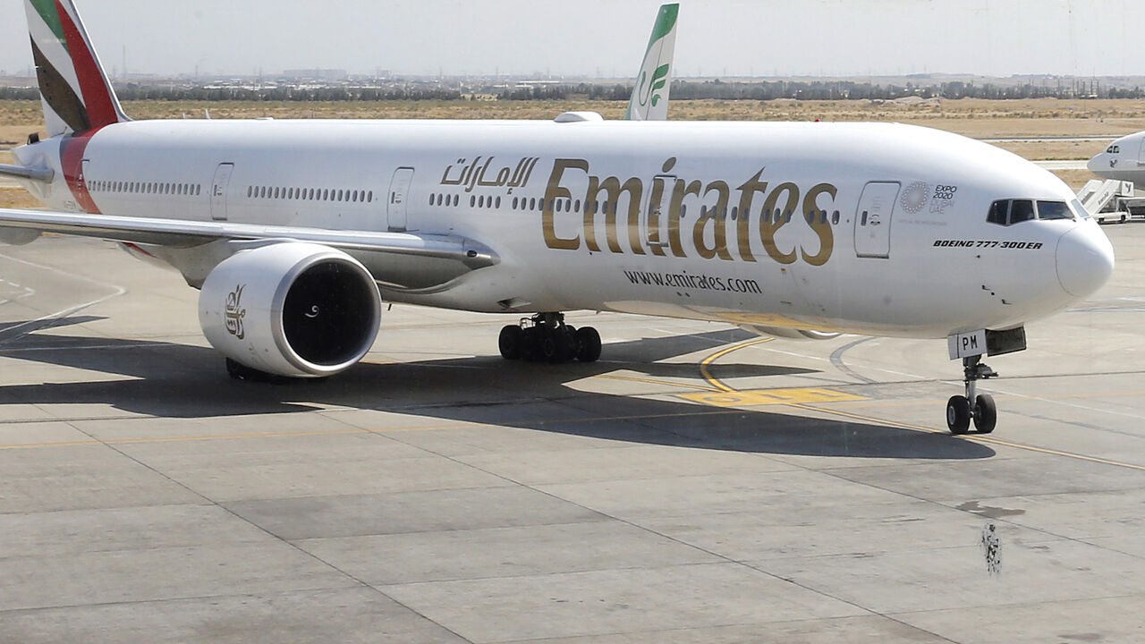 1227662714 This picture taken on July 17, 2020 shows an Emirates Boeing 777-31H aircraft taxying upon arrival at the Iranian capital Tehran's Imam Khomeini International Airport. - The UAE's Emirates airlines landed its first flight in Tehran on July 17 after a five month shutdown due to the novel coronavirus pandemic. (Photo by - / AFP) (Photo by -/AFP via Getty Images)