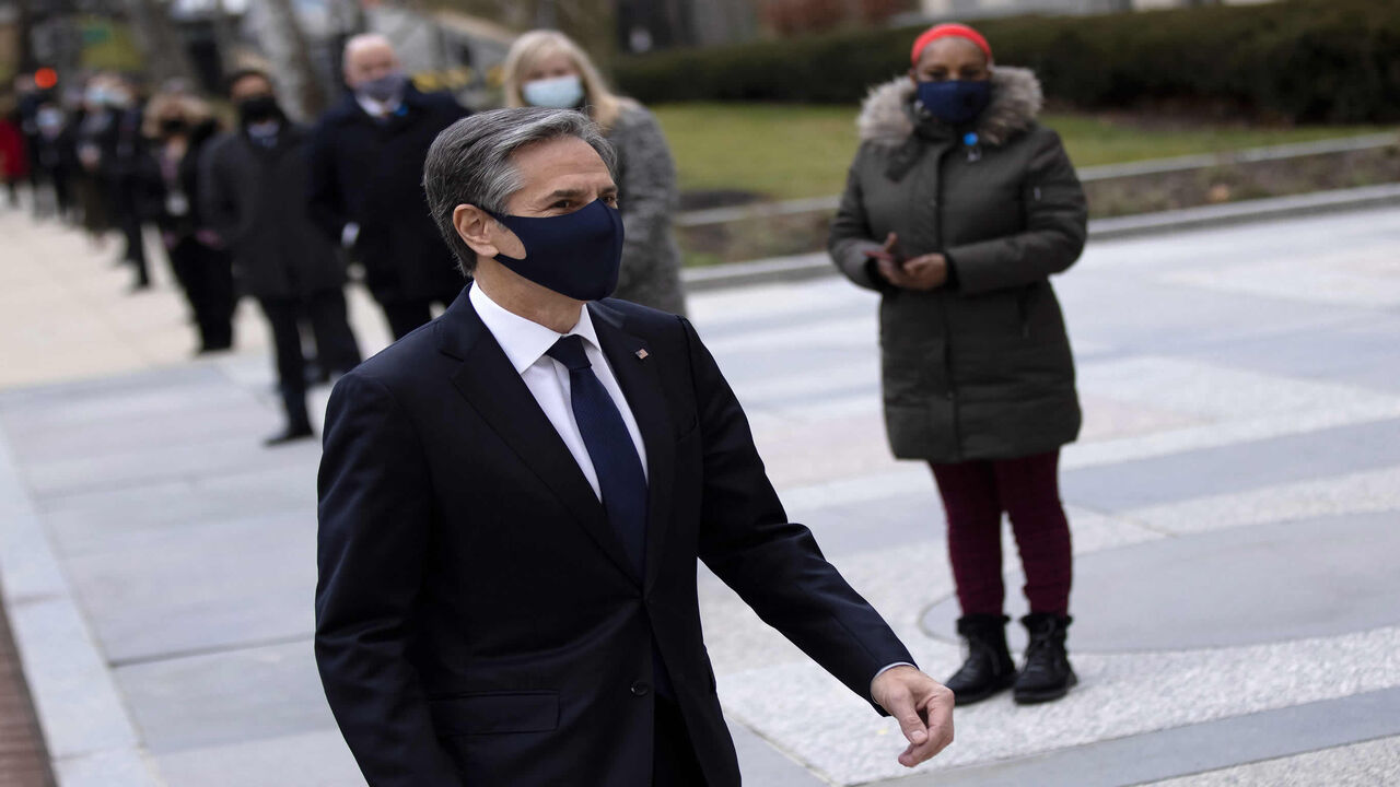 1230816024 Newly confirmed US Secretary of State Antony Blinken arrives for a welcome ceremony at the State Department in Washington,DC on January 27, 2021. (Photo by CARLOS BARRIA / POOL / AFP) (Photo by CARLOS BARRIA/POOL/AFP via Getty Images)