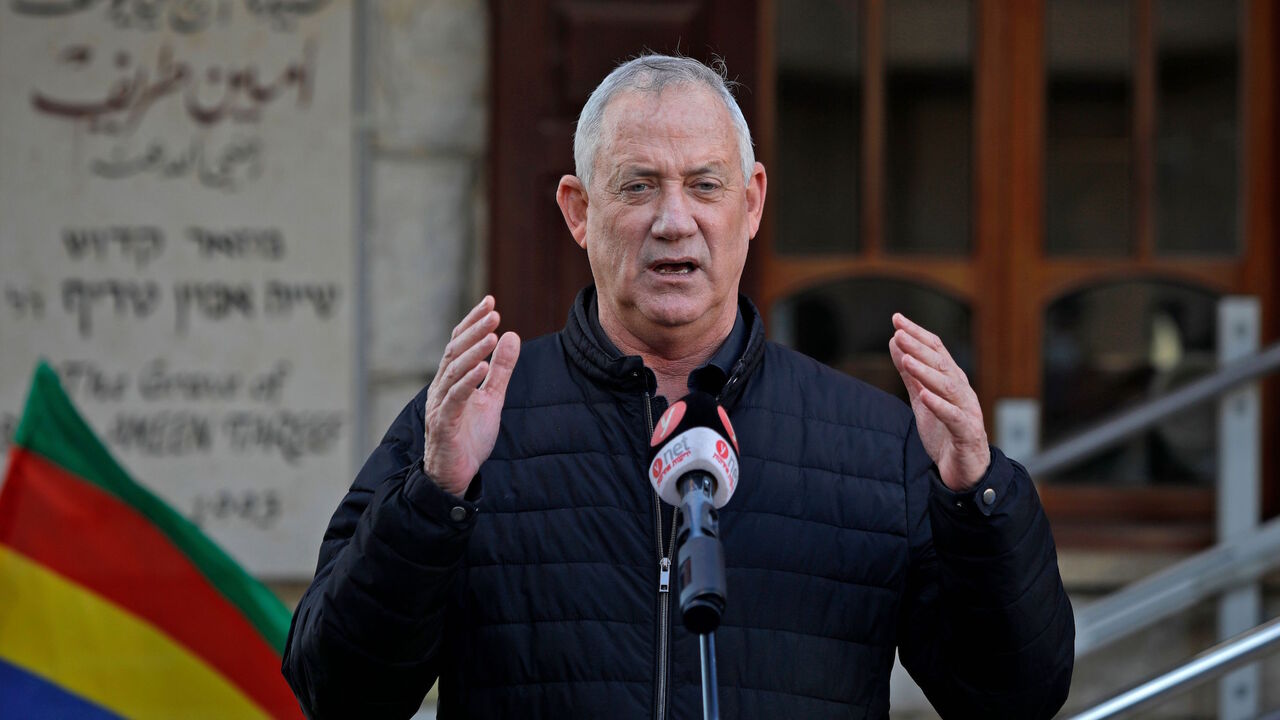 1231340717 Israeli Defence Minister Benny Gantz, the leader of the Blue and White (Kahol Lavan) party, speaks during a visit to the Druze village of Julis in northern Israel, on February 23, 2021. - Israel will hold its fourth general election in less than two years, on March 23. (Photo by JALAA MAREY / AFP) (Photo by JALAA MAREY/AFP via Getty Images)