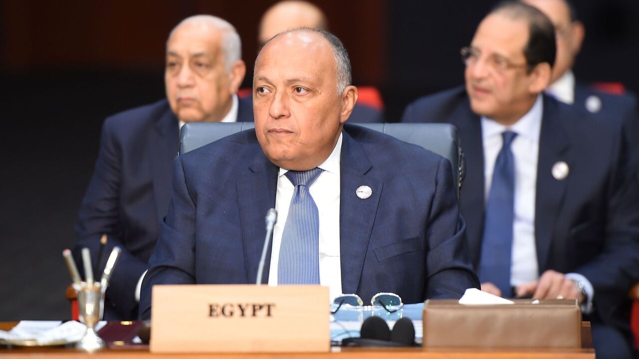 1127068097 Egypt's Foreign Minister Sameh Shoukry attends the first joint European Union and Arab League summit at the International Congress Centre in the Egyptian Red Sea resort of Sharm el-Sheikh, on February 24, 2019. (Photo by MOHAMED EL-SHAHED / AFP) (Photo credit should read MOHAMED EL-SHAHED/AFP via Getty Images)