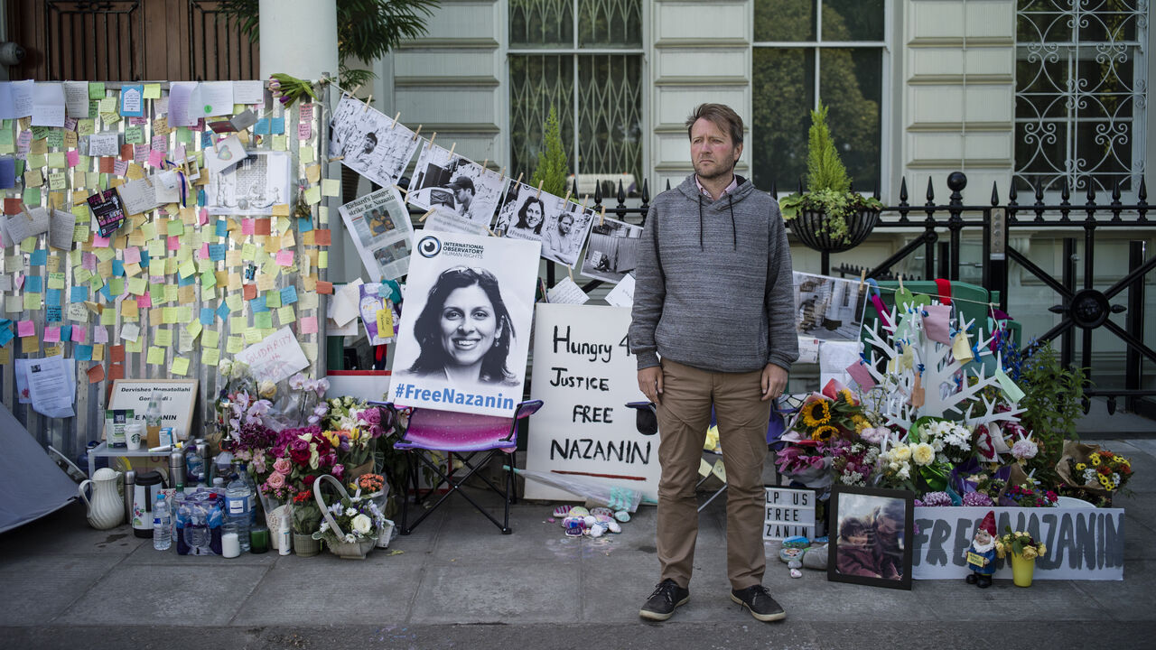 1152493801 LONDON, ENGLAND - JUNE 28: The husband of Nazanin Zaghari-Ratcliffe, Richard Ratcliffe, poses for a picture as he continues his hunger strike outside the Iranian Embassy on June 28, 2019 in London, England. Mrs Zaghari-Ratcliffe, a British citizen continues her detention in Iran where she has been for three years, on charges of plotting against the Iranian government. (Photo by Dan Kitwood/Getty Images)