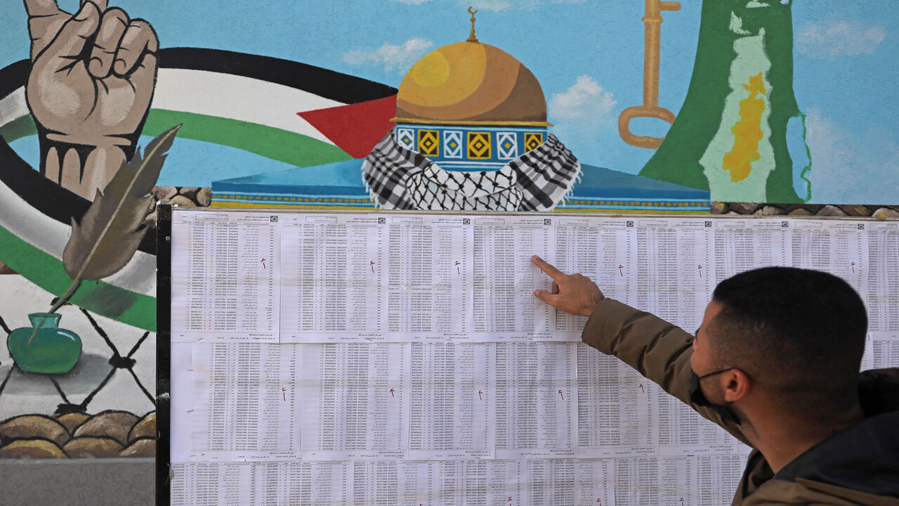 1231488012 A Palestinian man looks for his name on the electoral roll at a school in Gaza City on March 3, 2021, ahead of the first Palestinian elections in 15 years. - A deal reached between Palestinian rivals Fatah and Hamas to hold elections is aimed at renewing confidence in Palestinian governance ahead of a diplomatic push and talks with Israel. The parliamentary and presidential polls are set for May 22 and July 31, respectively. (Photo by Mohammed ABED / AFP) (Photo by MOHAMMED ABED/AFP via Getty Images)