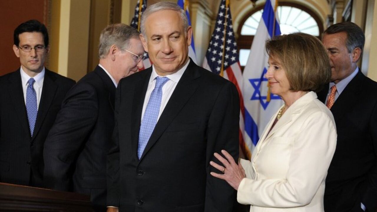 Israel's PM Netanyahu talks to reporters after his speech before Congress at the Capitol in Washington Israel's Prime Minister Benjamin Netanyahu (C) talks to reporters with U.S. House Majority Leader Eric Cantor (R-VA) (L), Senate Minority Leader Mitch McConnell (R-KY) (2nd L), House Minority Leader Nancy Pelosi (D-CA) (2nd R) and House Speaker John Boehner (R-OH) (R) after Netanyahu's speech before Congress at the Capitol in Washington May 24, 2011. Israel must seek peace with the Palestinians that will entail "painful compromises" including the handover of biblical land dear to Jews, Netanyahu said on Tue
