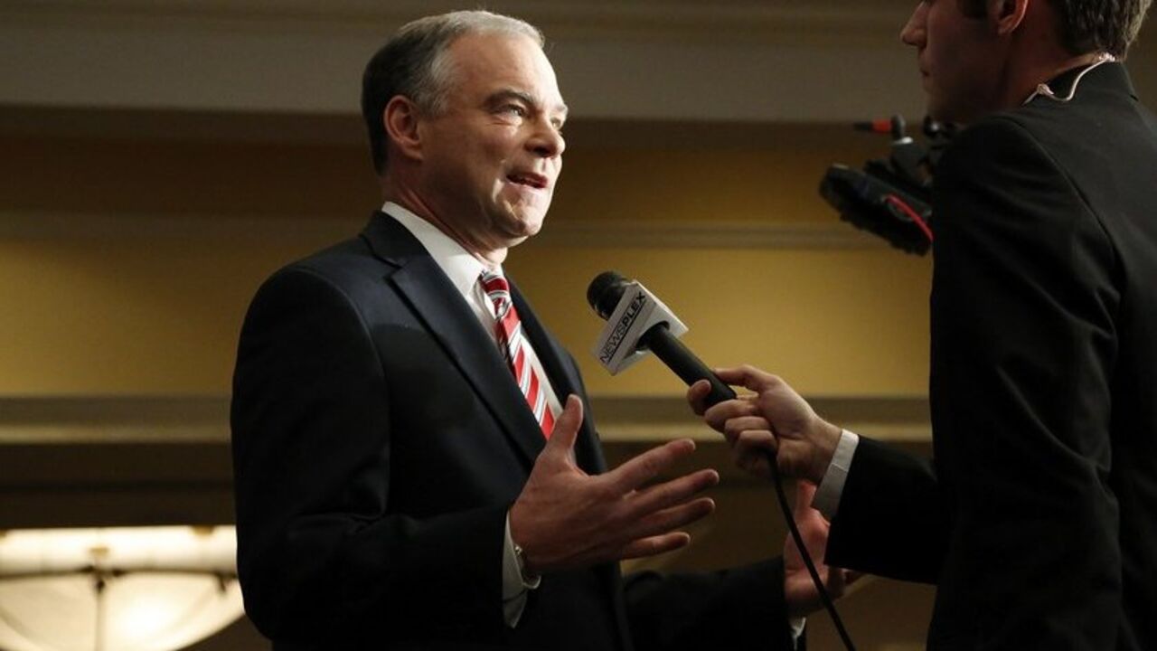 Kaine does a series of interviews at the site of his election-night party during the U.S. presidential election in Richmond, Virginia Democratic U.S. Senate candidate Tim Kaine (D-VA) does a series of interviews at the site of his election-night party during the U.S. presidential election in Richmond, Virginia November 6, 2012. REUTERS/Jonathan Ernst (UNITED STATES - Tags: POLITICS ELECTIONS USA PRESIDENTIAL ELECTION) - RTR3A32N