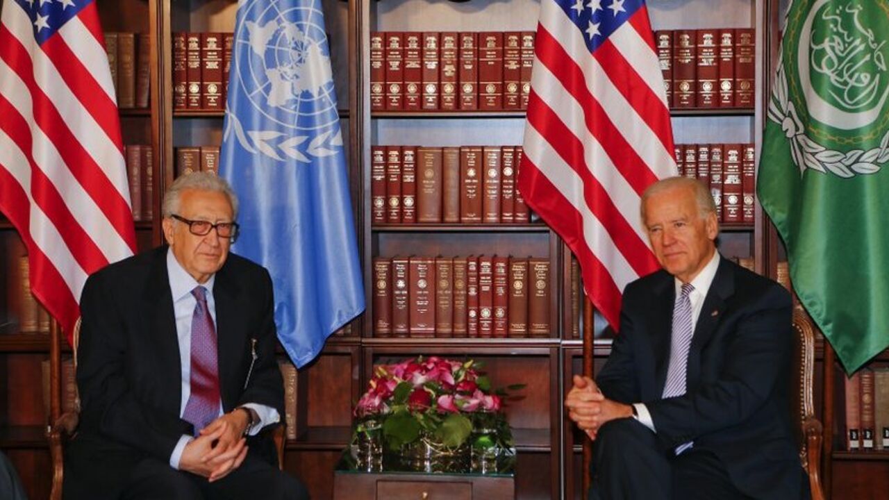 U.N. envoy Brahimi and US Vice-President Biden meet at the 49th Conference on Security Policy in Munich U.N. envoy Lakhdar Brahimi and U.S. Vice-President Joe Biden (R) meet for bilateral talks during the 49th Conference on Security Policy in Munich February 2, 2013. Senior U.S., Russian and U.N. officials, along with the leader of the Syrian opposition, were all expected in Munich on Saturday, providing a rare opportunity for talks to revive efforts to end the civil war in Syria. REUTERS/Michael Dalder(GERMANY - Tags: MILITARY POLITICS) - RTR3D9H3